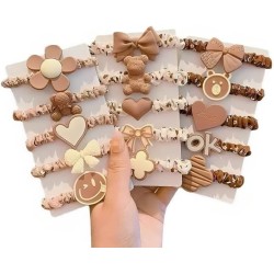 5pcs Brown Ivory Flower Heart Bear Bowknot Smiling Face High Elasticity Girls Rubber Band Headband Hair Rope Hair Accessories