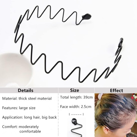 Metal Headband, Multi-Style Black Hair Hoop, Unisex Flexible Spring Wave Hairband Strong for Men Women (Style 6)