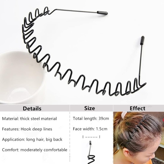 Metal Headband, Multi-Style Black Hair Hoop, Unisex Flexible Spring Wave Hairband Strong for Men Women (Style 6)