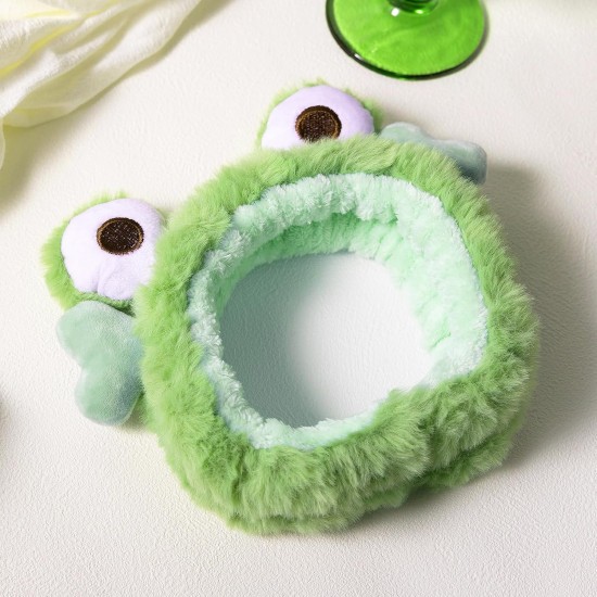 Miroksh Kawaii Fluffy Spa Headband Cute Green Frog Hairband for Woman Girls Washing Face,Make up,Kids Party,Soft Coral Fleece Cartoon Creative Hair Accessory gift