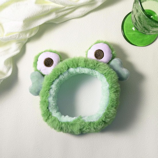 Miroksh Kawaii Fluffy Spa Headband Cute Green Frog Hairband for Woman Girls Washing Face,Make up,Kids Party,Soft Coral Fleece Cartoon Creative Hair Accessory gift