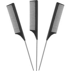 3 Packs Salon Hair Comb,Pintail Comb,Stainless Steel Handle Comb, Anti-static Tail Comb Sectioning Comb,Heat Resistant Carbon Lift Teasing Combs for Home