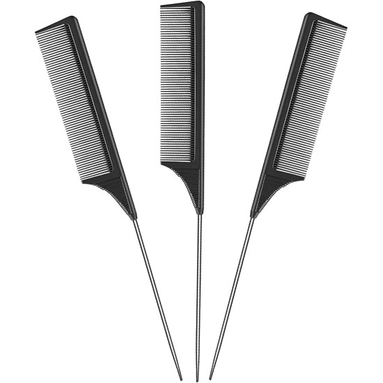 3 Packs Salon Hair Comb,Pintail Comb,Stainless Steel Handle Comb, Anti-static Tail Comb Sectioning Comb,Heat Resistant Carbon Lift Teasing Combs for Home