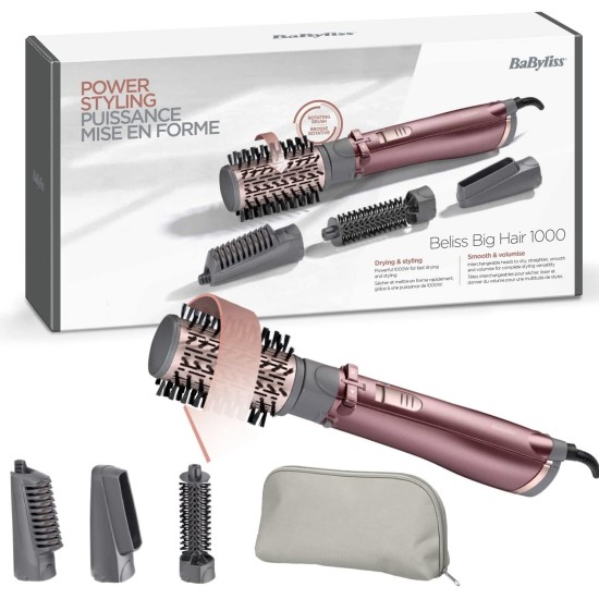 Babyliss Beliss Blower Brush, Hot Air Styler 1000 Watts, 4 in 1 Multifunctional Hair Styling Tools, for Fast Drying, Straightening, Curling - AS960E - International Warranty