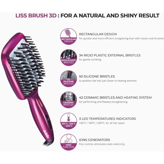 Babyliss HSB100E Heated Brush 3D Liss Brush With Ionic Technology - Purple Babyliss HSB100E Heated Brush 3D Liss Brush With Ionic Technology - Purple