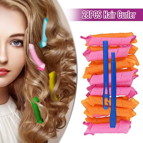 28 Pieces Hair Curlers Styling Kit No Heat Hair Curls Hair Curlers Spiral Curls Magic Hair Rollers Heatless Wave Styles with 2 Styling Hooks for Extra Long Hair Most Kinds of Hairstyles (30cm)