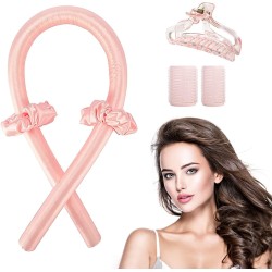 Heat-less Curling Rod Headband, Women Heat-less Curls, Soft Wave Foam Hair Rollers, Flexible Rods for Natural Long Hair, Sleeping Curls Silk Ribbon Hair Rollers, Easy to use（Pink）