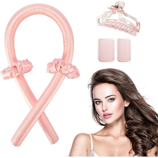 Heat-less Curling Rod Headband, Women Heat-less Curls, Soft Wave Foam Hair Rollers, Flexible Rods for Natural Long Hair, Sleeping Curls Silk Ribbon Hair Rollers, Easy to use（Pink）