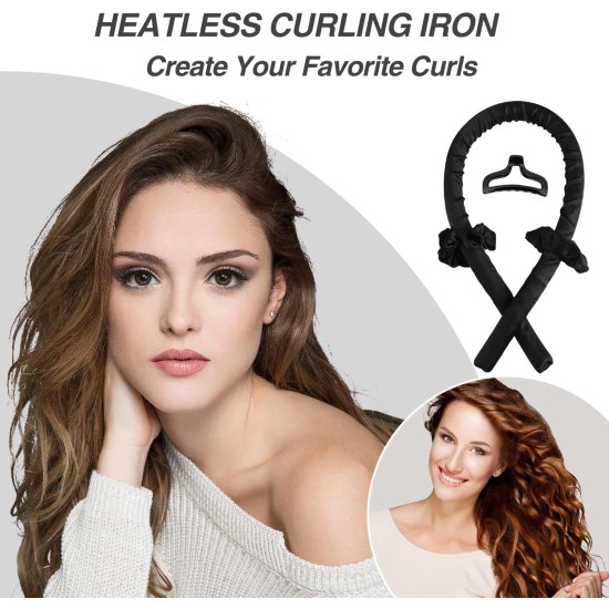 Heatless Curling Rod Headband, Heatless Hair Curler Set Heatless Curlers for Long Hair Satin Heatless Hair Rollers Hair Curlers to Sleep In No Heat Curlers with Hair Clips and Scrunchie (Black)