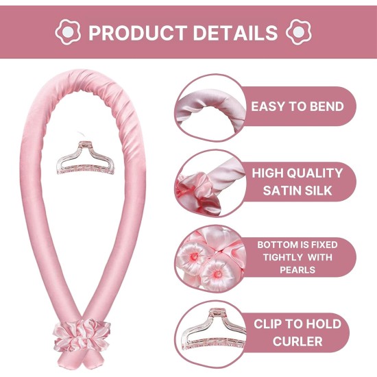 Heatless Hair Curlers Flexible Hair Styling Headband Soft Rubber Foam Curler With Silk Ribbon For Natural Waves & Curls Sleep In Overnight Scrunchie For Heatless Curls DIY Hair Styling Rollers-Pink