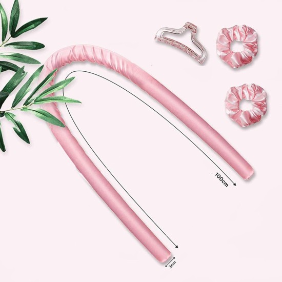 Heatless Hair Curlers Flexible Hair Styling Headband Soft Rubber Foam Curler With Silk Ribbon For Natural Waves & Curls Sleep In Overnight Scrunchie For Heatless Curls DIY Hair Styling Rollers-Pink