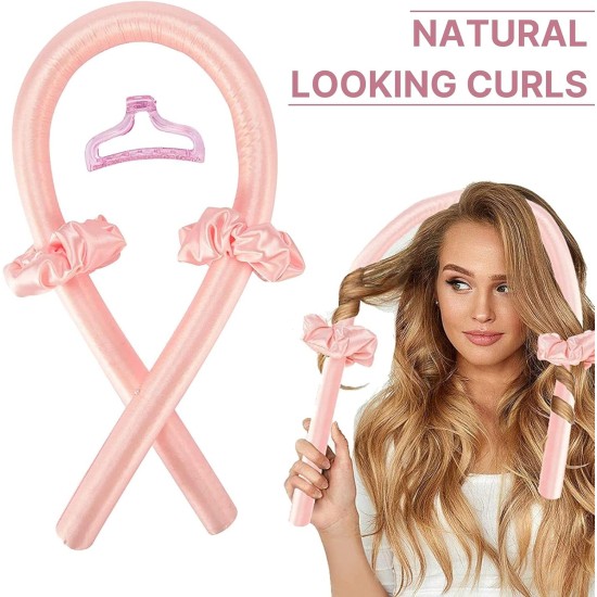 Heatless Hair Curlers Flexible Hair Styling Headband Soft Rubber Foam Curler With Silk Ribbon For Natural Waves & Curls Sleep In Overnight Scrunchie For Heatless Curls DIY Hair Styling Rollers-Pink