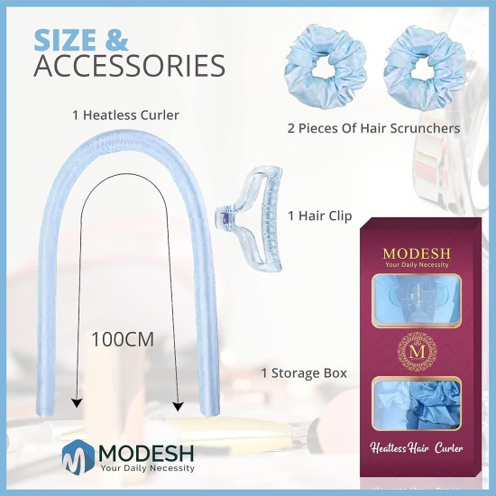 MODESH Heatless Curler Headband - 4 Pack Hairstyling Tools & Accessories for Women - Silk Foam Twister, Curling Rod, Clip & Scrunchies - Overnight Hair Curlers No Heat Spiral Hair Band - Blue