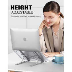 Babacom Laptop Stand, 9 Levels Aluminium Laptop Stand, Portable, Height-Adjustable, Ventilated Notebook Stand, Compatible with MacBook Pro Air, Lenovo, Dell, 10-15.6 Inch Laptops Tablet, Silver