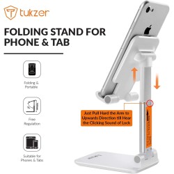 Tukzer Fully Foldable Tabletop Desktop Tablet Mobile Stand Holder - Angle & Height Adjustable for Desk, Cradle, Dock, Compatible with Smartphones & Tablets (White)