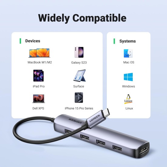 UGREEN USB C Hub, 4K@30Hz HDMI USB C Hub Multiport Adapter with 4 USB 3.0 Ports, USB C Dongle Compatible with MacBook, iPad, iMac, iPhone 15 Pro/Pro Max, Samsung Galaxy S23 Ultra, Lenovo (20197) UGREEN USB C Hub, 4K@30Hz HDMI USB C Hub Multiport Adapter with 4 USB 3.0 Ports, USB C Dongle Compatible with MacBook, iPad, iMac, iPhone 15 Pro/Pro Max, Samsung Galaxy S23 Ultra, Lenovo (20197)