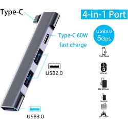 USB C Hub, 4-Port USB Splitter, USB Multiport Adapter for PC with 60W Fast Charge, 1 USB 3.0 Port and 2 USB 2.0 Ports for MacBook Air/Pro, iPad Pro, Laptops and More Type C Device