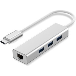 rts USB-C to 3-Port + RJ45 Adapter Type-C to Gigabit Ethernet LAN Network + 3 USB Ported Converter for MacBook/Pro/iMac/ChromeBook (Silver)