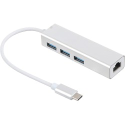 Keendex Kx2176 USB Type-C to USB Hub and Ethernet Rj45 LAN Adapter, 3 Ports - Silver and White