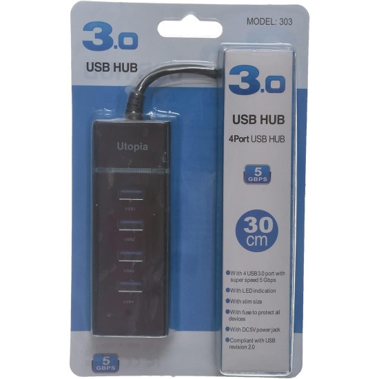 Utopia usb 3.0 hub utb 4 ports, black blue Utopia usb 3.0 hub utb 4 ports, black blue