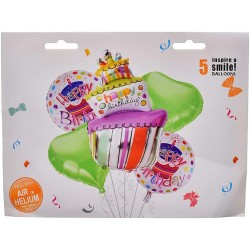 Foil Helium Balloons With Birthday Cake Heart And Circle Design For Party Set Of 5 Pieces - Multi Color