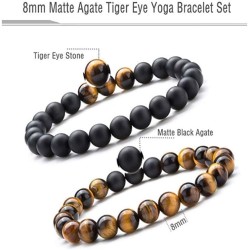 2pcs Men Women 8mm Tiger Eye Stone Matte Bright Agate Bracelet Volcano Lava Beads Bracelet Elastic Natural Stone Yoga Bracelet Bangle, One Size, Tiger Eye Stone, Created Diamond