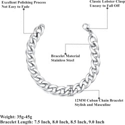 Garysiom 12mm Stainless Steel Silver Tone Curb Chain Bracelets for Men (Chain Length 8.5in)