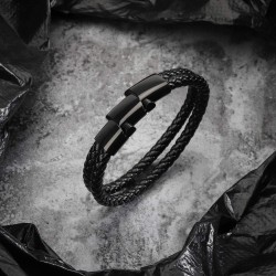 Jbniuay Men's Leather Braided Bracelet with Magnetic Clasp (Black, 17cm)