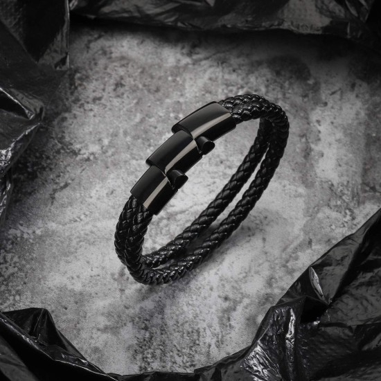 Jbniuay Men's Leather Braided Bracelet with Magnetic Clasp (Black, 17cm)