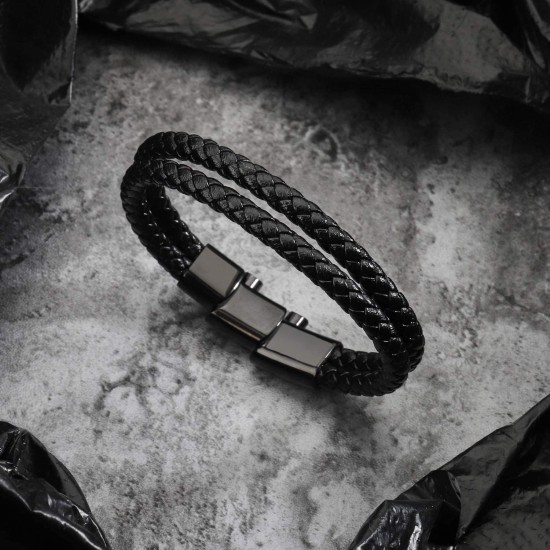 Jbniuay Men's Leather Braided Bracelet with Magnetic Clasp (Black, 17cm)