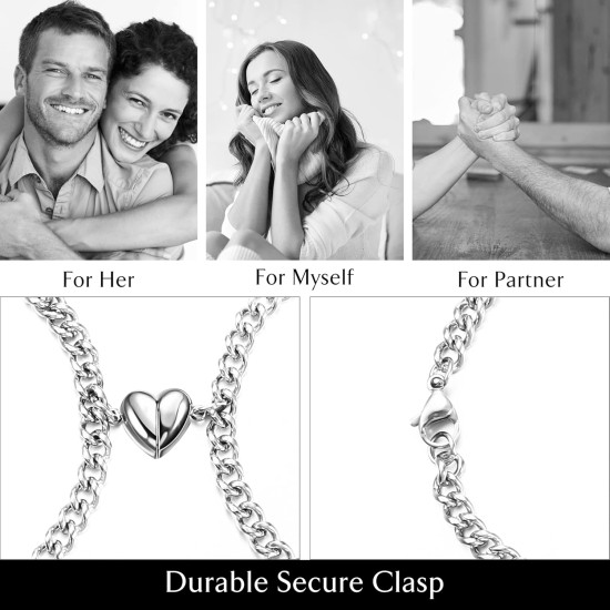 KALVICA Magnetic Curb Friendship His and Her Mutual Matching Couple Bracelets with Love Heart Pendant for Men Women (2 Pieces)
