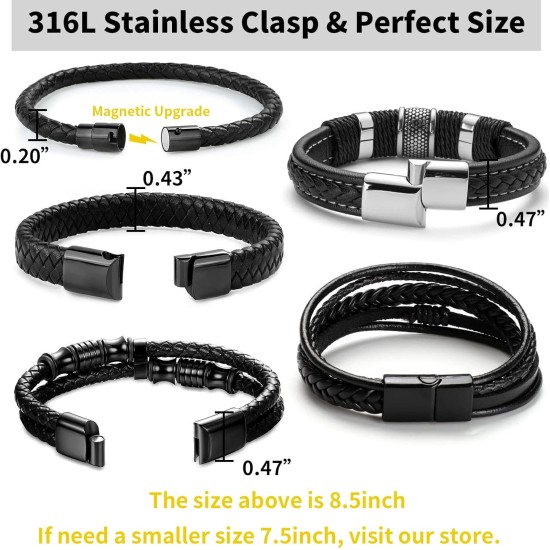 LOWNOUR Leather and Steel Magnetic Braided Bracelets for Men, 8.7in, Black LOWNOUR Leather and Steel Magnetic Braided Bracelets for Men, 8.7in, Black