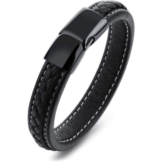 Pure titanium black leather bracelet mens Leather Bracelet STYSL294, One Size Pure titanium black leather bracelet mens Leather Bracelet STYSL294, One Size