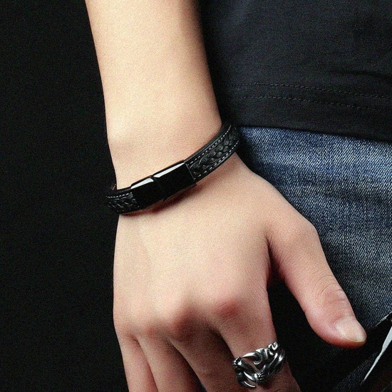Pure titanium black leather bracelet mens Leather Bracelet STYSL294, One Size Pure titanium black leather bracelet mens Leather Bracelet STYSL294, One Size