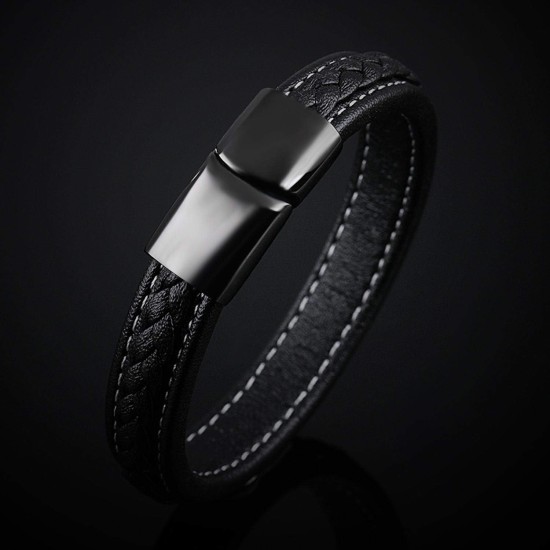 Pure titanium black leather bracelet mens Leather Bracelet STYSL294, One Size Pure titanium black leather bracelet mens Leather Bracelet STYSL294, One Size