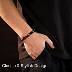 Seyaa Valentines Day Triple Protection Bracelet for Men Genuine Premium Tiger Eye Hematite Obsidian Onyx Lava Rock Stress Beaded Bracelet Gift Brings Luck and Prosperity and Happiness