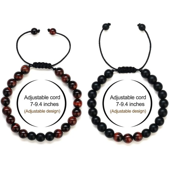 Tiger Eye Mens Bracelet Gifts - 8mm, Stress Relief Adjustable Tiger Eye Bracelet Aromatherapy Essential Oil Diffuser Lava Bracelet Gifts for Men, Stone- 2 pcs Red Tiger&Matte Agate