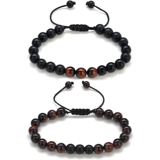 Tiger Eye Mens Bracelet Gifts - 8mm, Stress Relief Adjustable Tiger Eye Bracelet Aromatherapy Essential Oil Diffuser Lava Bracelet Gifts for Men, Stone- 2 pcs Red Tiger&Matte Agate
