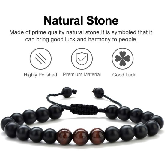 Tiger Eye Mens Bracelet Gifts - 8mm, Stress Relief Adjustable Tiger Eye Bracelet Aromatherapy Essential Oil Diffuser Lava Bracelet Gifts for Men, Stone- 2 pcs Red Tiger&Matte Agate