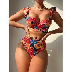Floral Print Ruffle Trim Bikini Swimsuit, M1397163, Multicolor, XL