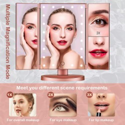 Wudeweike Tri-fold Lighted Vanity Makeup Mirror with 3x/2x/1x Magnification, 21Leds Light and Touch Screen,180 Degree Free Rotation Countertop Cosmetic Mirror,Travel Makeup Mirror (Rose Gold)