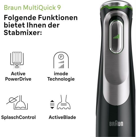 Braun MultiQuick 9 MQ Hand Blender-with activ powerDrive and splash control,incl masher ,vegetable masher,blender,chopper with whisk,1200 watt,black/stainless steel Braun MultiQuick 9 MQ Hand Blender-with activ powerDrive and splash control,incl masher ,vegetable masher,blender,chopper with whisk,1200 watt,black/stainless steel