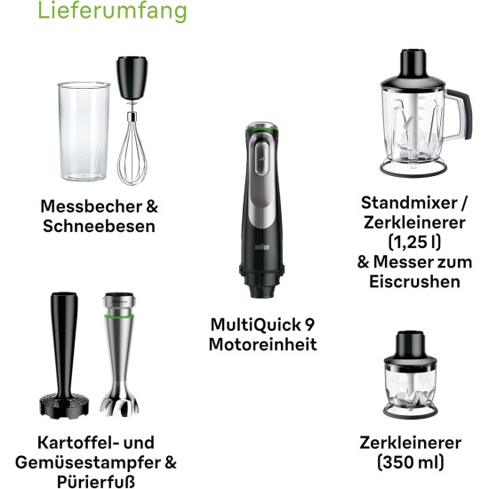 Braun MultiQuick 9 MQ Hand Blender-with activ powerDrive and splash control,incl masher ,vegetable masher,blender,chopper with whisk,1200 watt,black/stainless steel Braun MultiQuick 9 MQ Hand Blender-with activ powerDrive and splash control,incl masher ,vegetable masher,blender,chopper with whisk,1200 watt,black/stainless steel