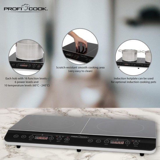 ProfiCook PC-DKI 1067 Induktions-Doppelkochplatte, automatische Topferkennung, elektronisches Sensor-Touch Bedienfeld with Display, 180 Minuten-Timer with Abschaltautomatik and Endsignal ProfiCook PC-DKI 1067 Induktions-Doppelkochplatte, automatische Topferkennung, elektronisches Sensor-Touch Bedienfeld with Display, 180 Minuten-Timer with Abschaltautomatik and Endsignal