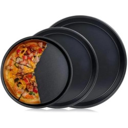 peinat Pizza Pan, 3PCS Pizza Baking Pan Black Baking Sheets for Oven Nonstick Round Pizza Tray 8/9/10 inch Bakeware Carbon Steel Sheet Pans for Cooking Multifunction