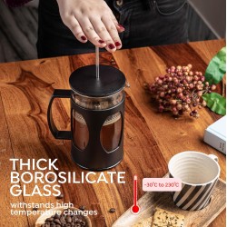 Sipologie Classic French Press Coffee Maker 600ml I 4-Level Filtration I Heat Resistant Borosilicate Glass I Brews Coffee and Tea I Compact I Durable