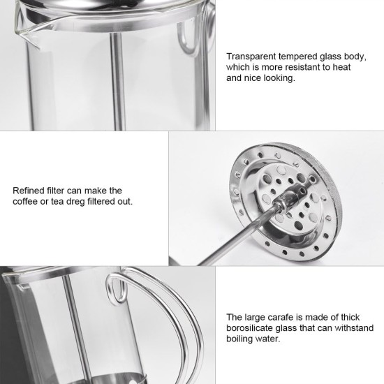 VBESTLIFE Coffee Maker, 350/600/800 ml Stainless Steel Glass French Press Coffee Maker Coffee & Teapot with Filter Suitable for Coffee, Tea, Espresso etc. (350 ml) VBESTLIFE Coffee Maker, 350/600/800 ml Stainless Steel Glass French Press Coffee Maker Coffee & Teapot with Filter Suitable for Coffee, Tea, Espresso etc. (350 ml)