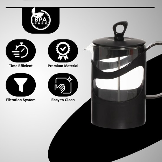 hanso French Press Coffee & Tea Maker for Home, Office, or On-the-Go - Heat-Resistant & Compact Design (Black, 600 ML)