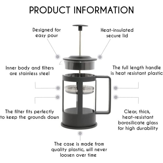 hanso French Press Coffee & Tea Maker for Home, Office, or On-the-Go - Heat-Resistant & Compact Design (Black, 600 ML)