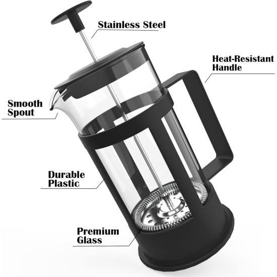 hanso French Press Coffee & Tea Maker for Home, Office, or On-the-Go - Heat-Resistant & Compact Design (Black, 600 ML)